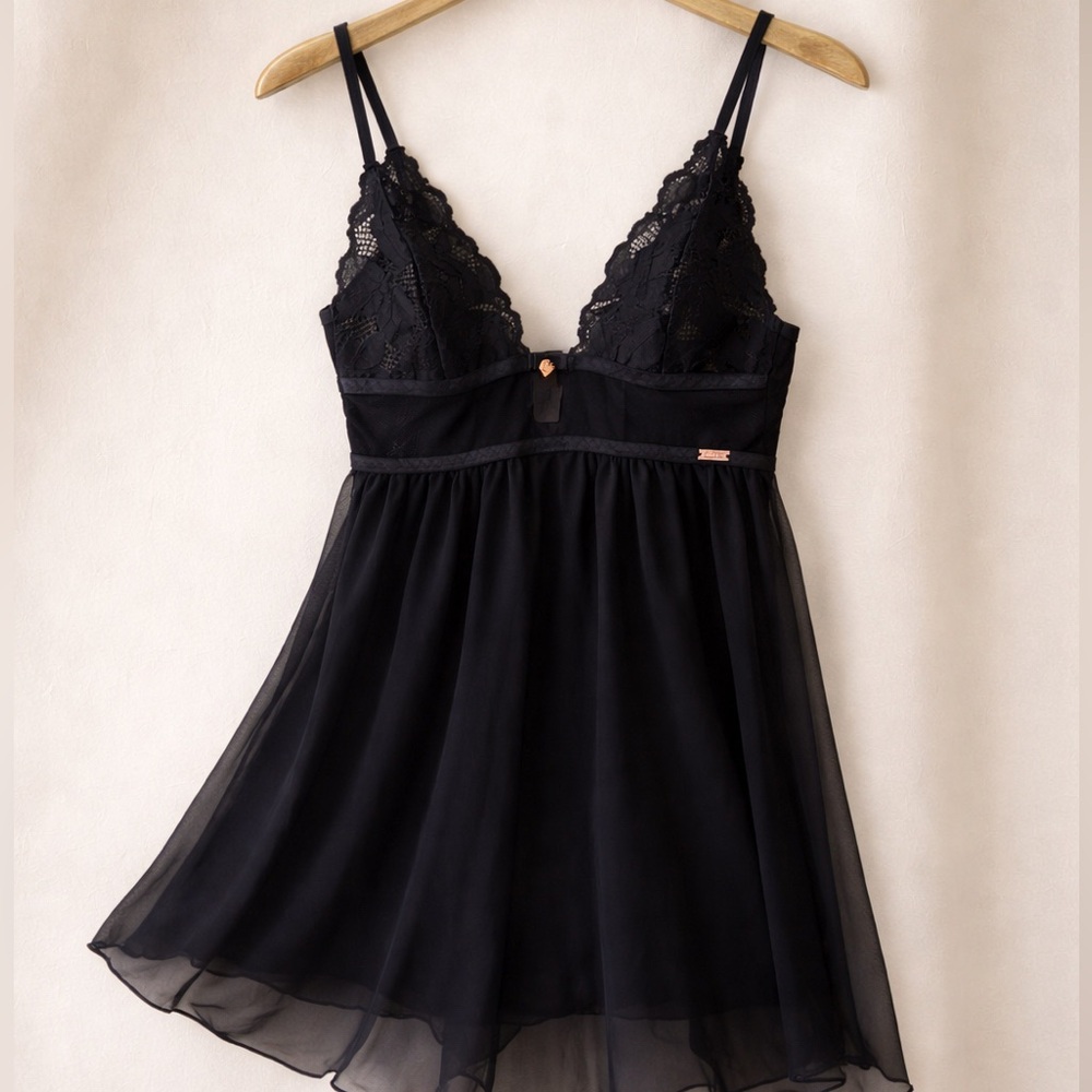 Rachel Roy Black Sheer Lace Babydoll Chemise | Feminine Mesh Flowy Lingerie S